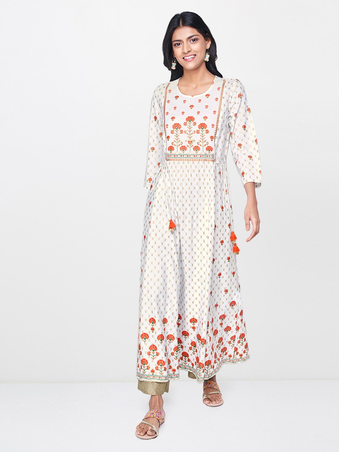 Global Desi Women White Printed A-Line Kurta Price in India