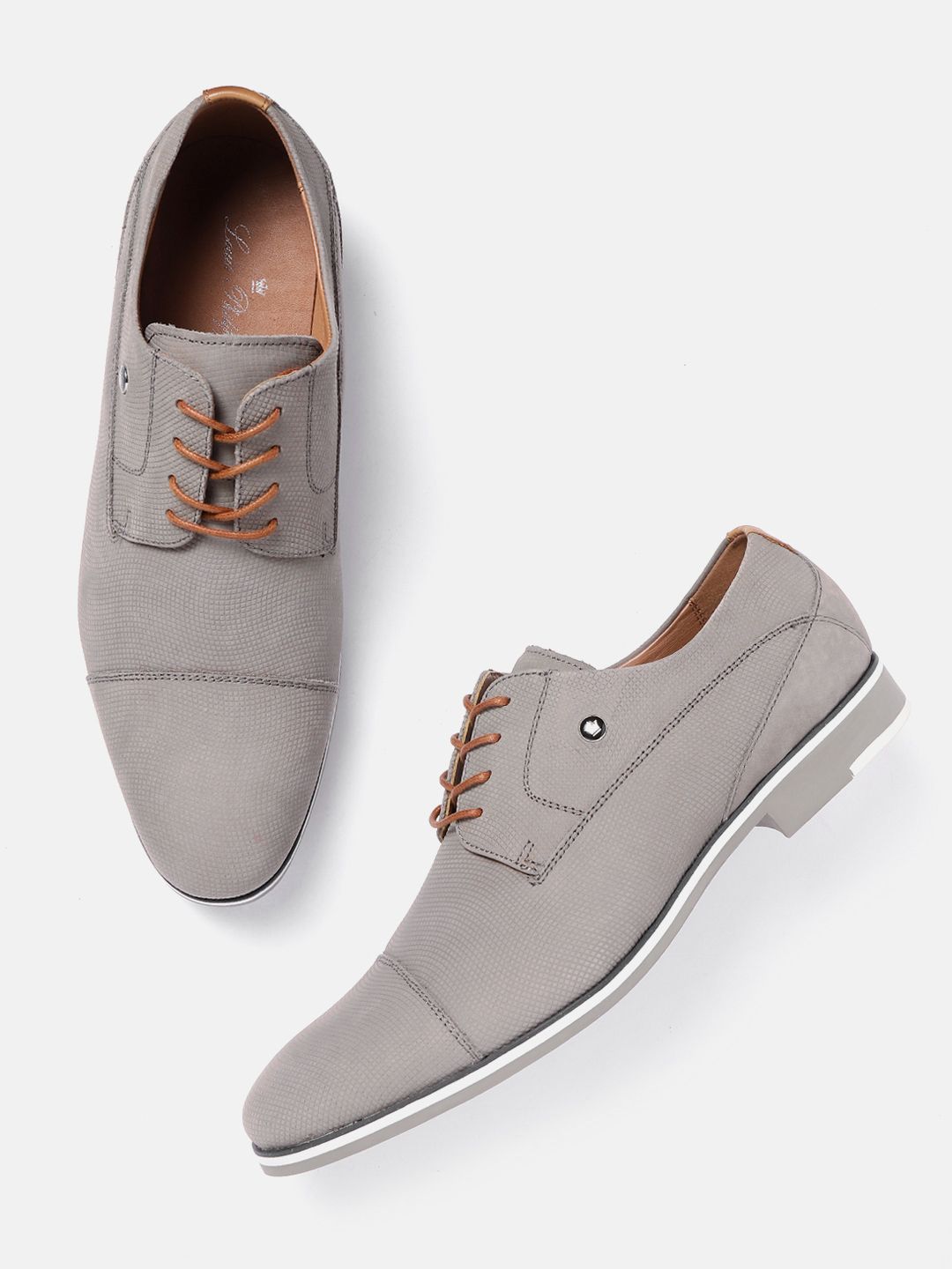 Louis Philippe Men Grey Textured Leather Semi-Formal Derbys