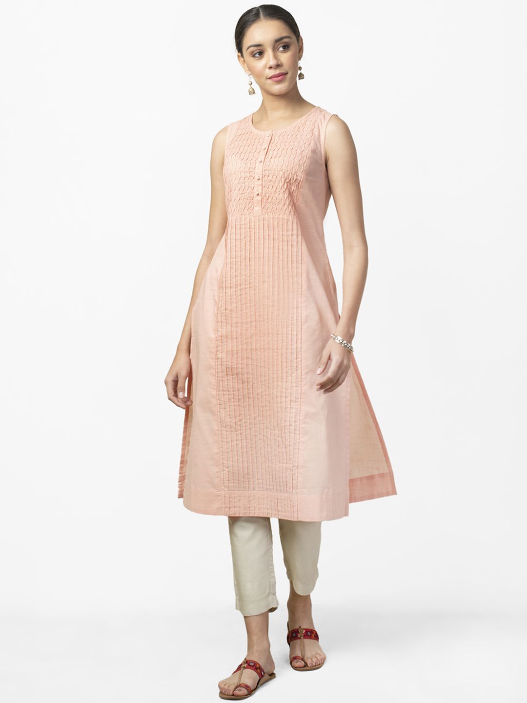 Fabindia Women Peach-Coloured Slim Fit Solid A-Line Kurta