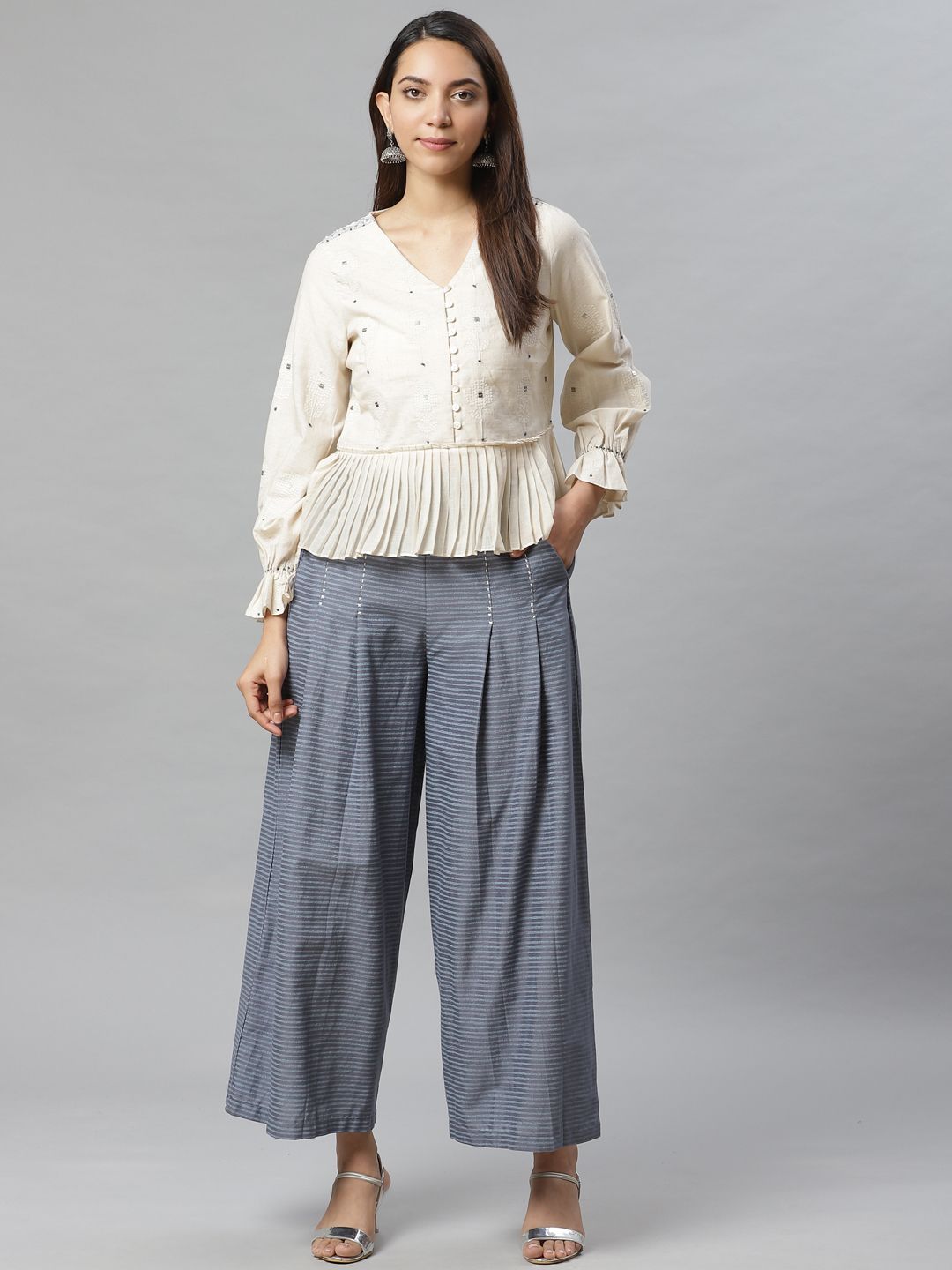 W Women Off-White & Blue Embroidered A-Line Top with Trousers