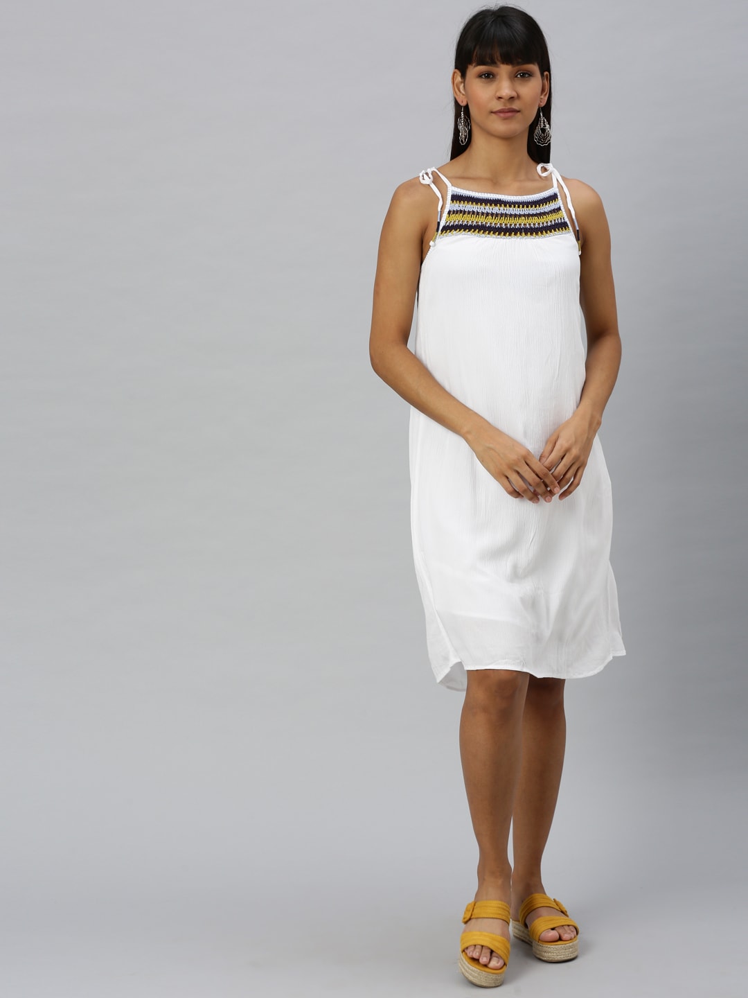 Vero Moda Women White Solid Knit Detailed A-Line Dress Price in India