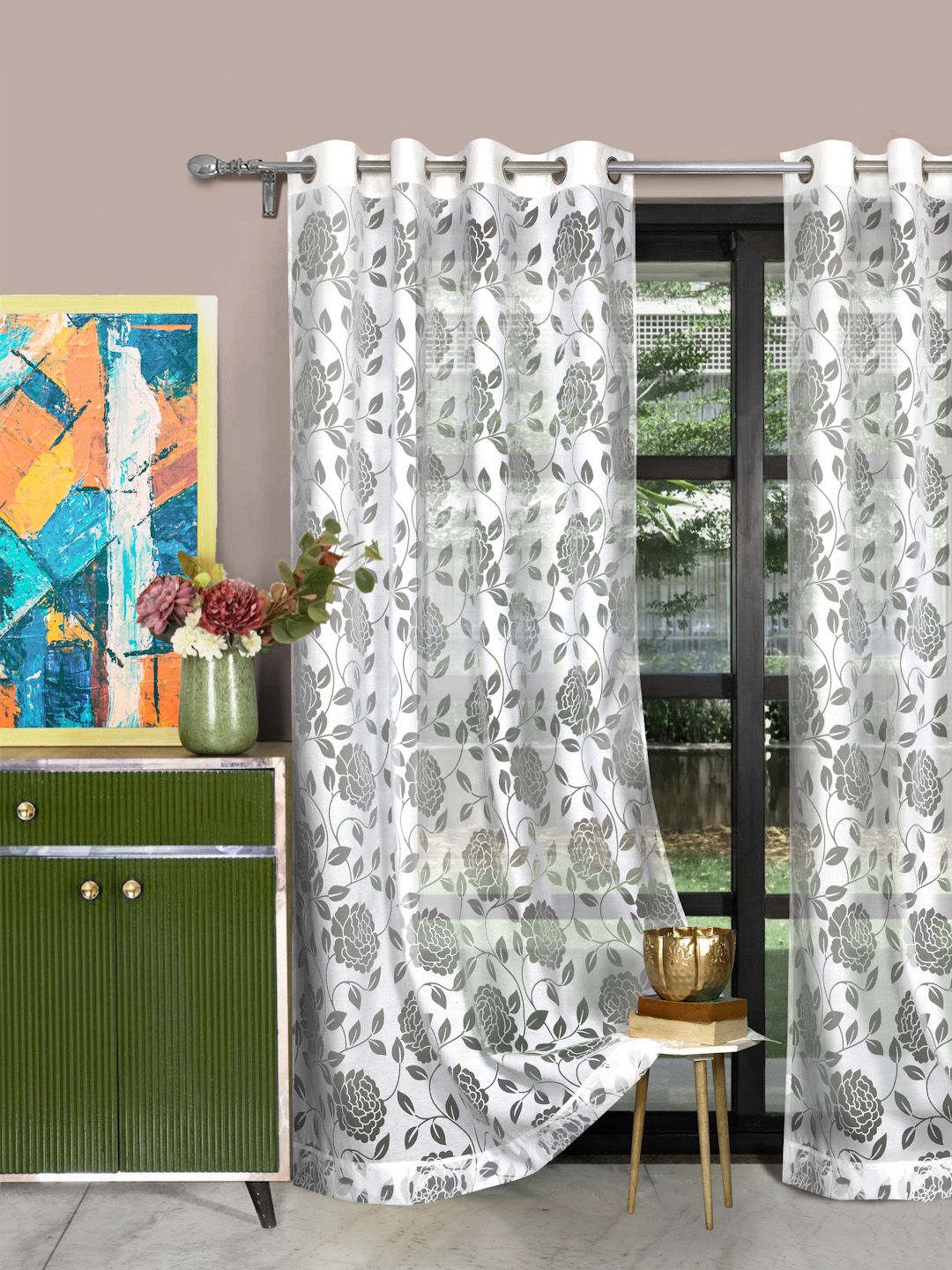 ROSARA HOME White Set of 2 Floral Sheer Long Door Curtains