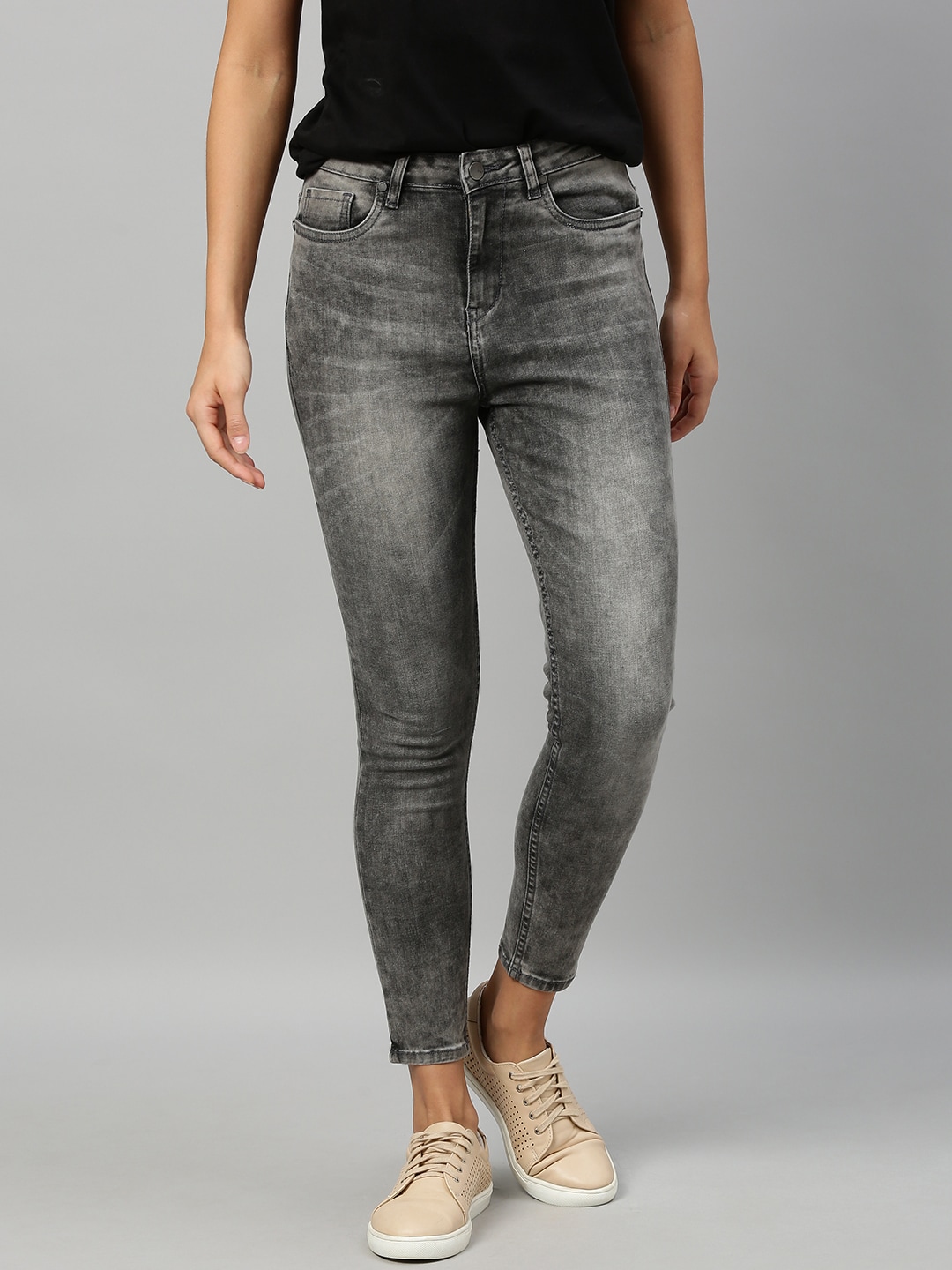 Mast & Harbour Women Grey Skinny Fit High-Rise Clean Look Stretchable Crop Jeans Price in India