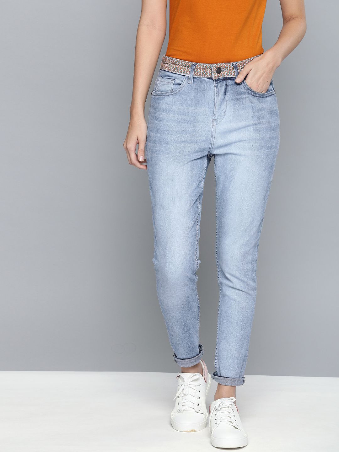 Mast & Harbour Women Blue Skinny Fit High-Rise Clean Look Printed Detail Stretchable Jeans