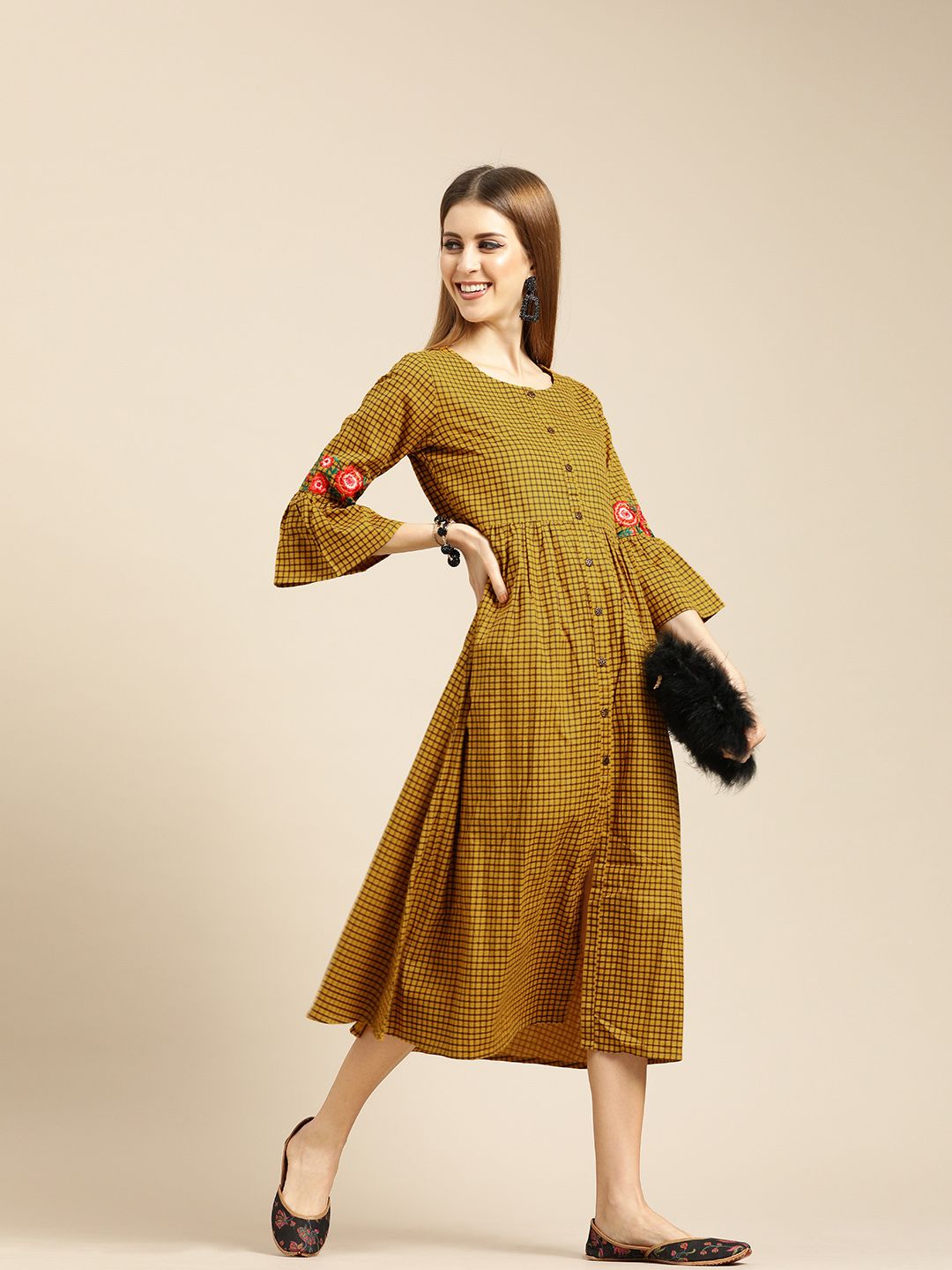 Varanga Women Mustard Yellow & Brown Checked A-Line Dress with Embroidered Sleeve Price in India