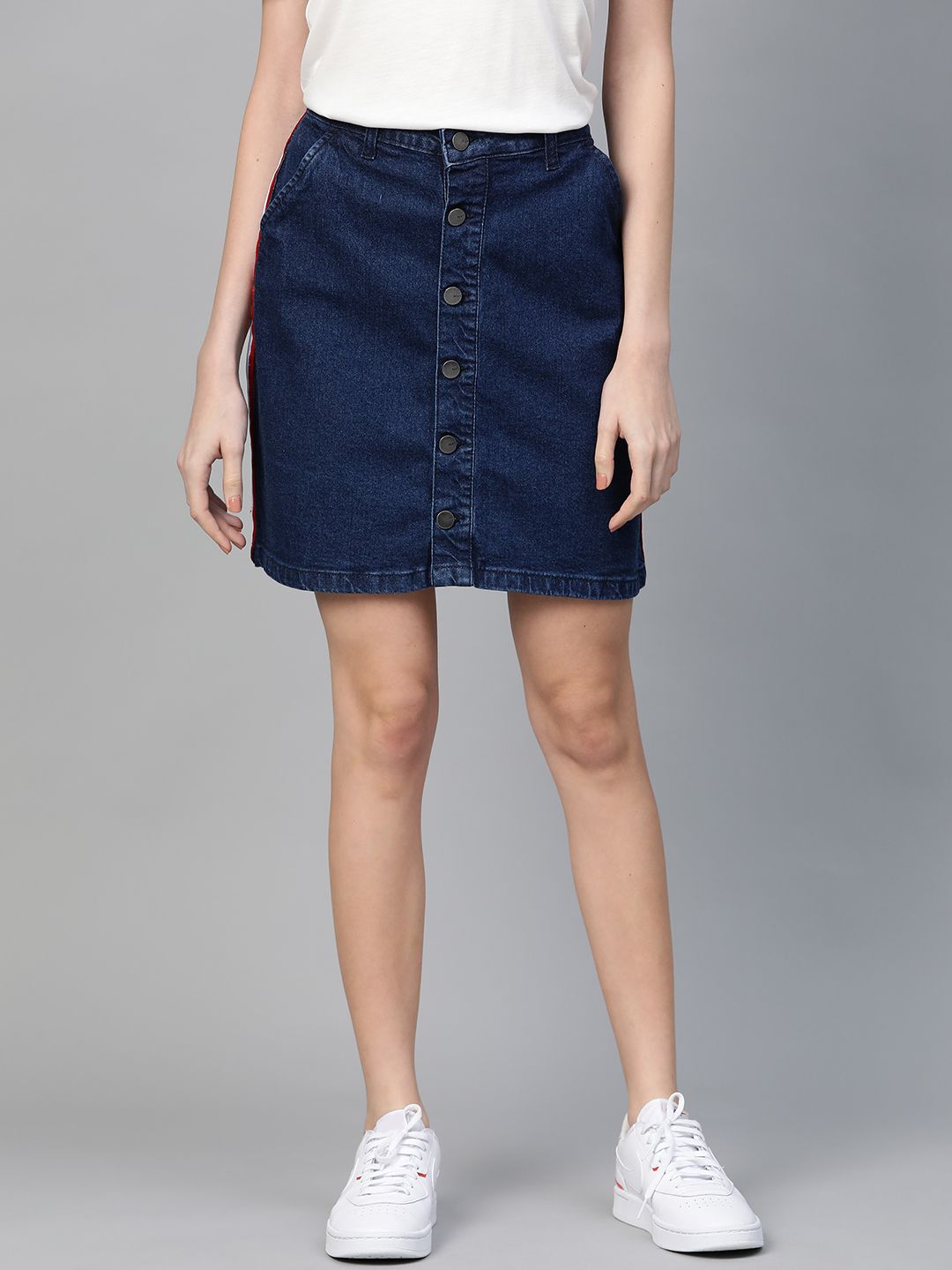 Mast & Harbour Women Navy Blue Solid Straight Denim Skirt