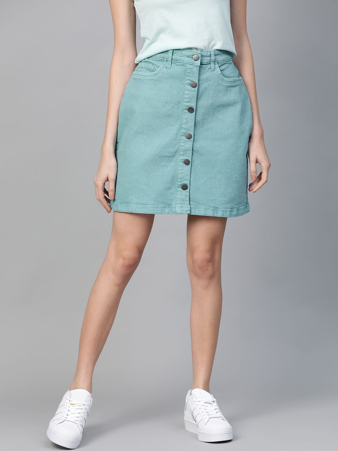 Mast & Harbour Sea Green Denim Straight Skirt Price in India