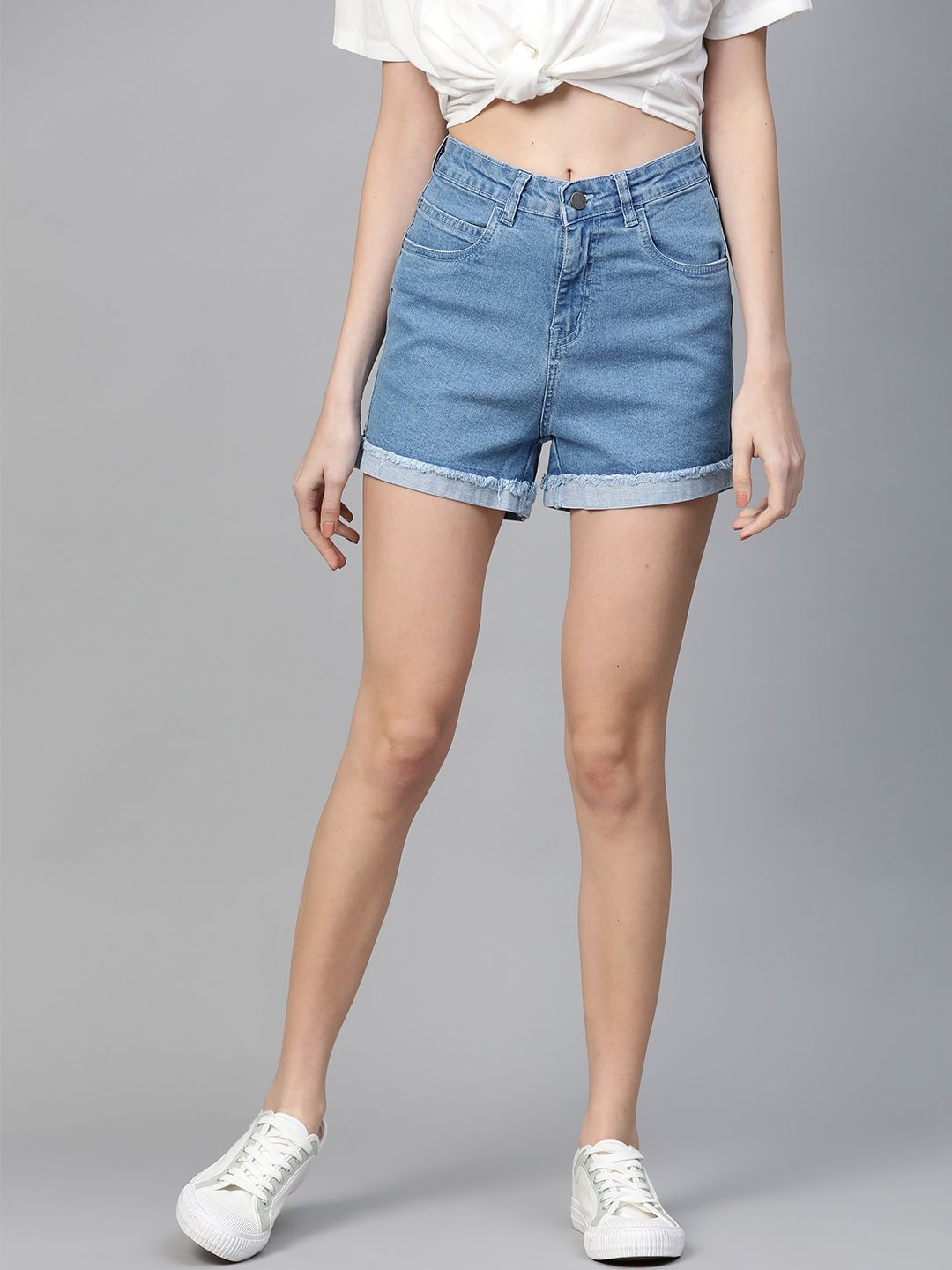 Mast & Harbour Women Blue Solid High Rise Regular Fit Denim Shorts