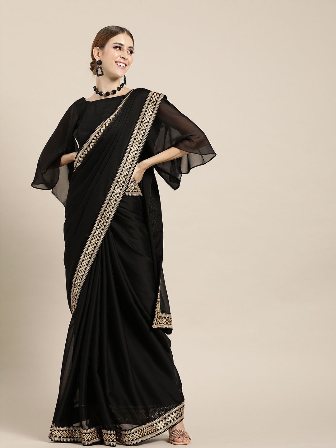 Inddus Black Solid Silk Blend Saree with Embroidered Border Price in India