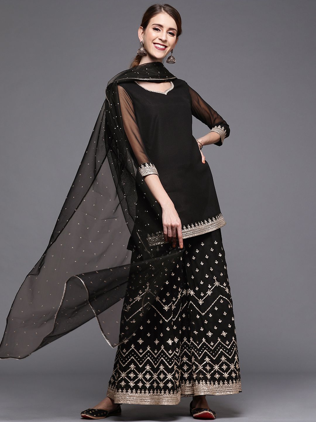 Inddus Women Black Georgette Kurti with Embroidered Sharara & Dupatta Price in India