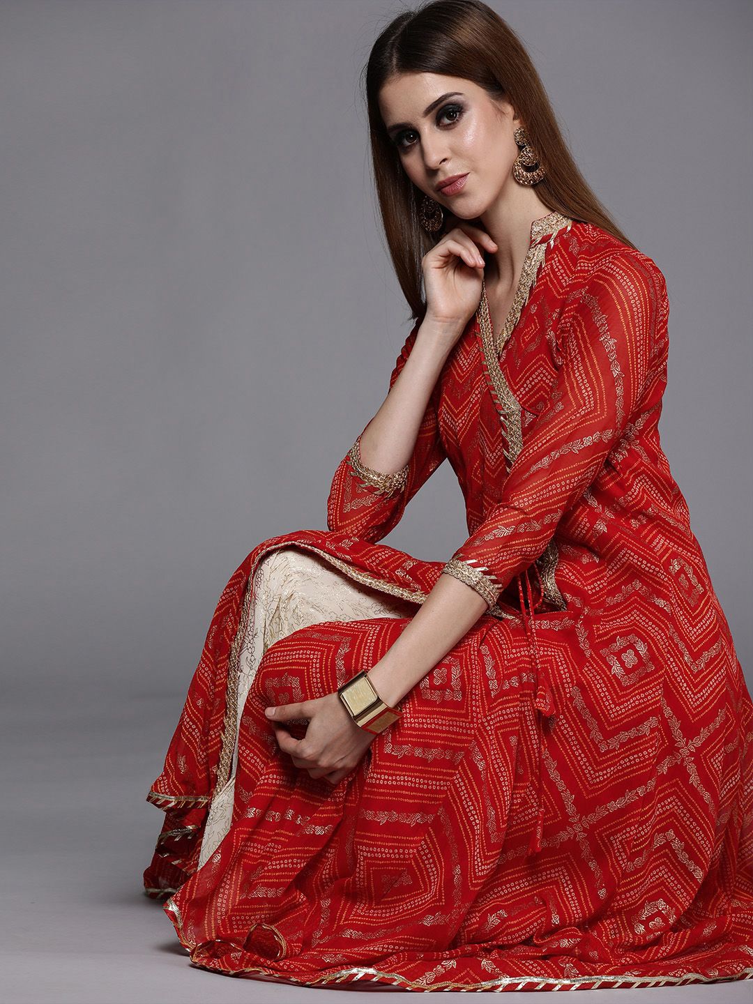 Inddus Women Red & Beige Printed Chiffon Anarkali Bandhni Kurta