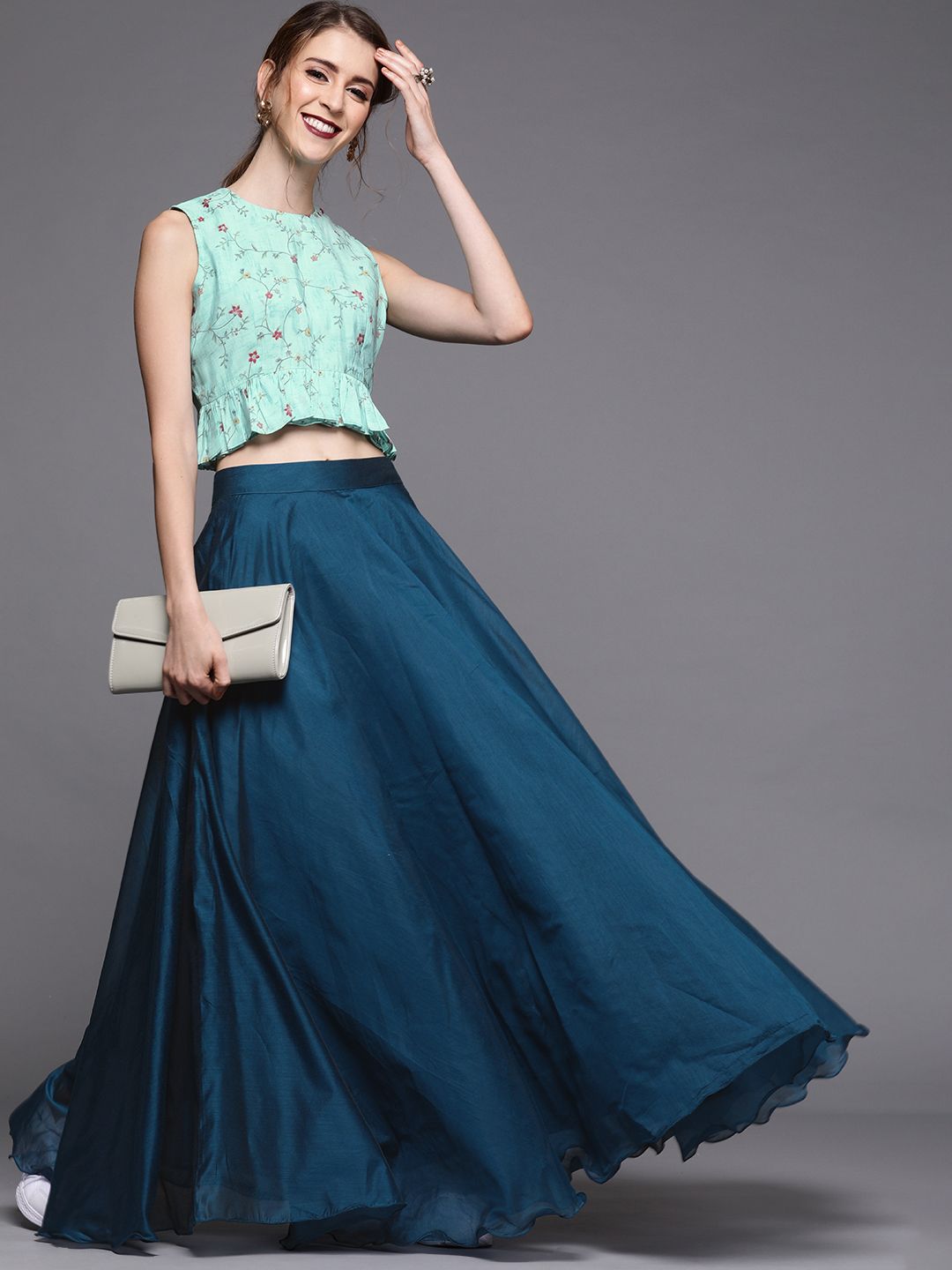 Inddus Sea Green & Teal Blue Embroidered Crop Top with Skirt Price in India