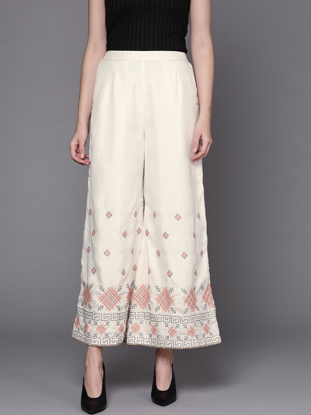 Inddus Women Off-White & Orange Embroidered Wide Leg Palazzos Price in India
