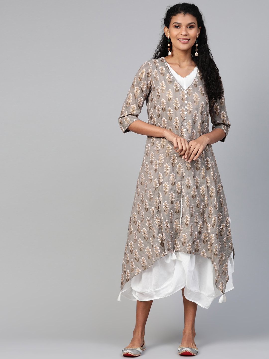 Biba Women Grey & White Layered Printed A-Line Dress Price in India