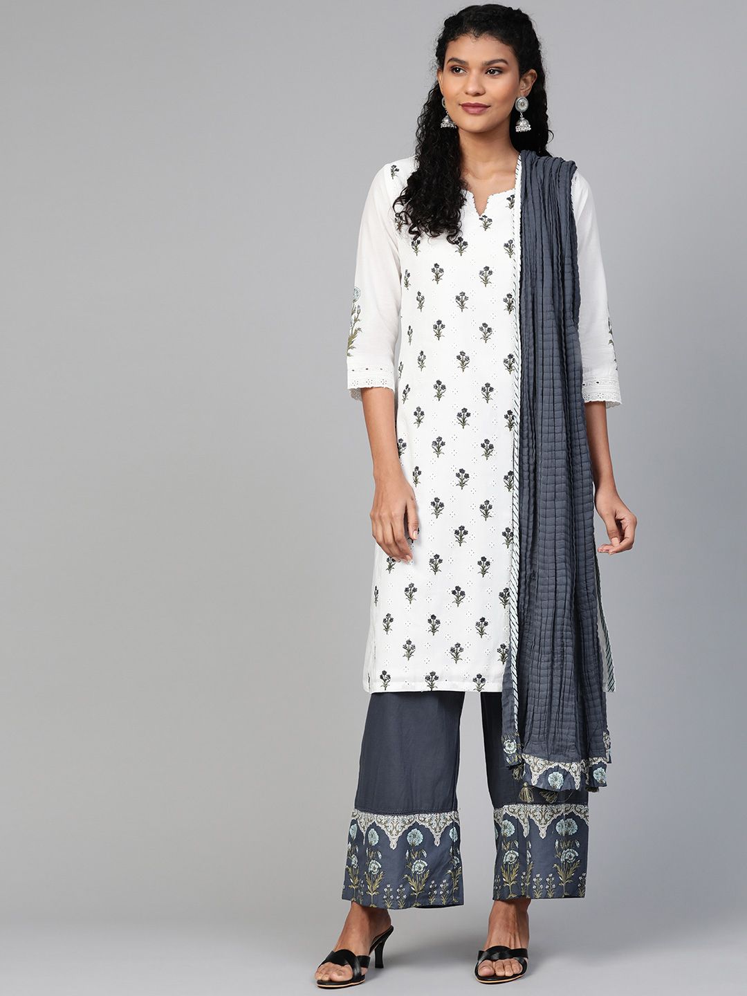 Biba Women White & Navy Blue Floral Print Kurta with Palazzos & Dupatta