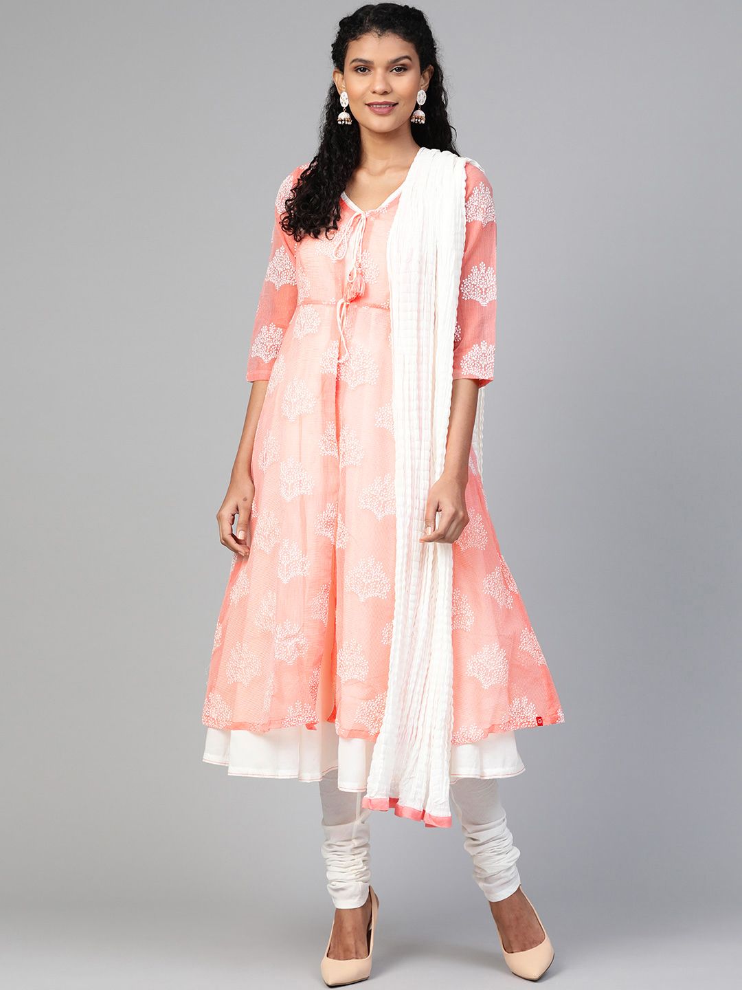 Biba Women Pink & Off-White Embroidered Layered Kurta with Churidar & Dupatta