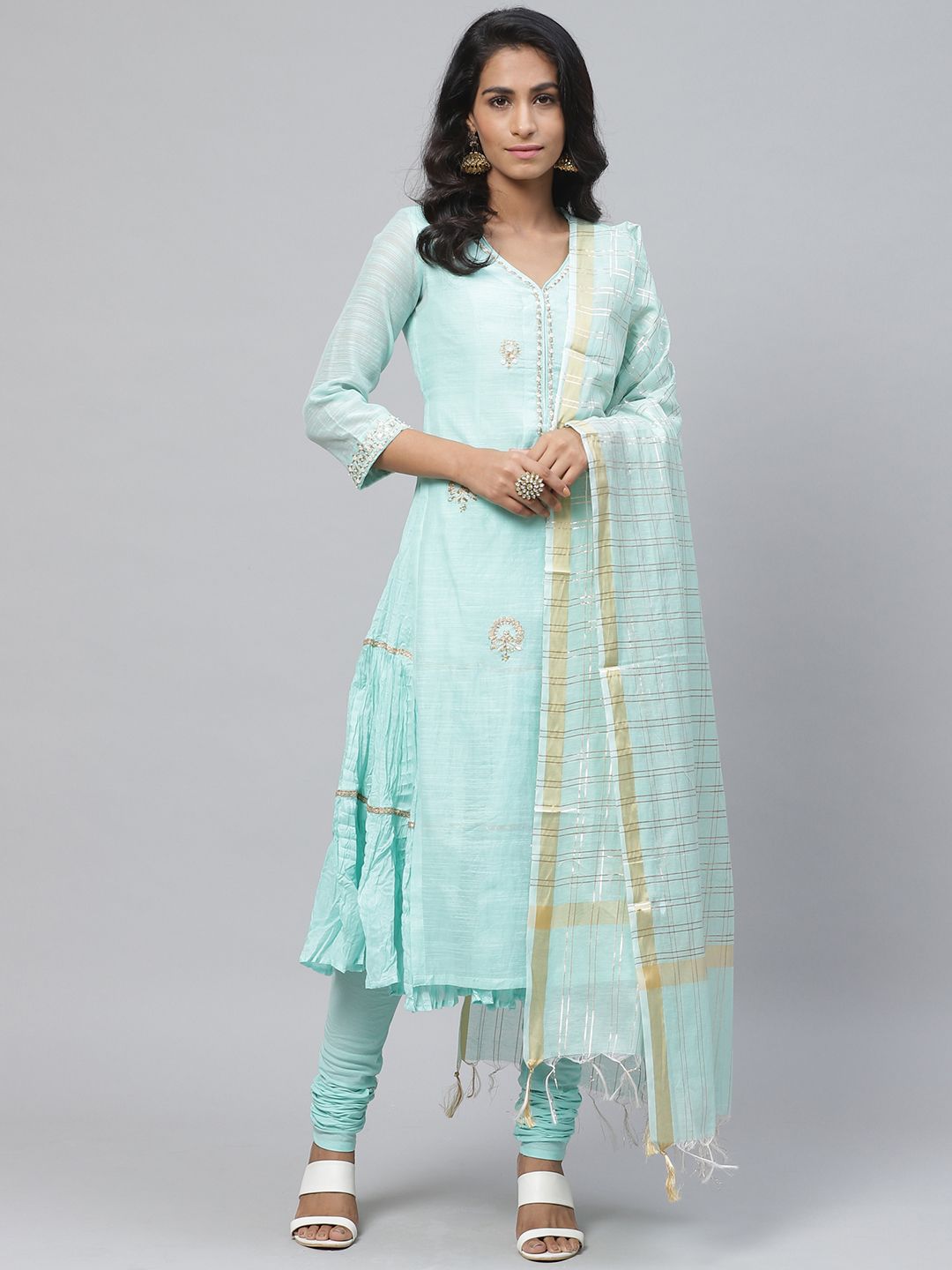 Biba Women Blue & Golden Embroidered Layered Kurta with Churidar & Dupatta