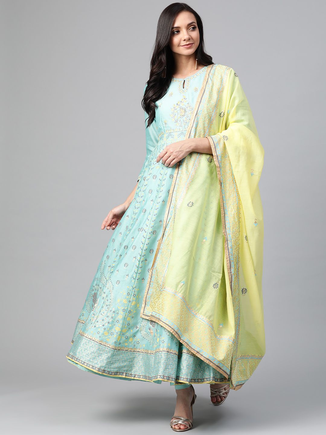 Biba Women Green & Golden Yoke Design Kurta with Churidar & Dupatta