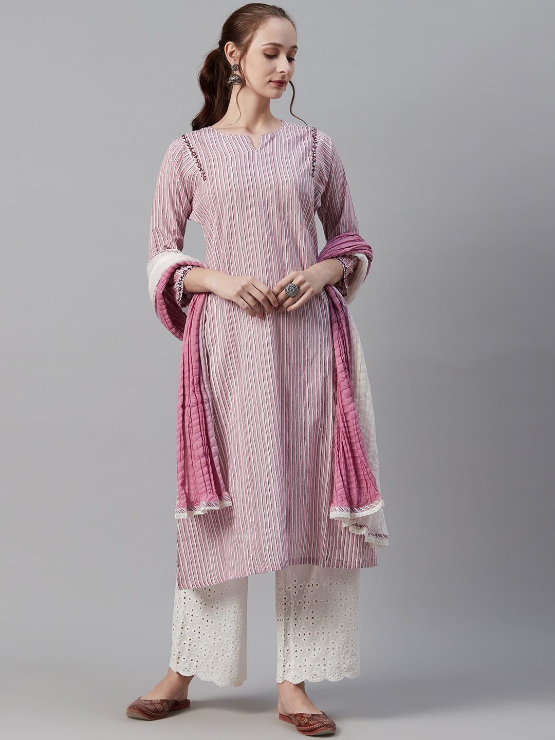 Biba Women Pink & White Striped Kurta with Palazzos & Dupatta