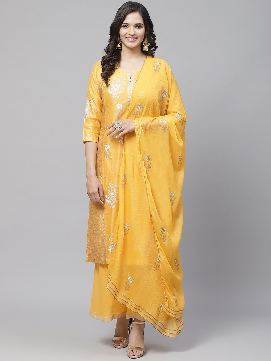 Biba Women Yellow & Silver Printed Kurta with Palazzos & Dupatta