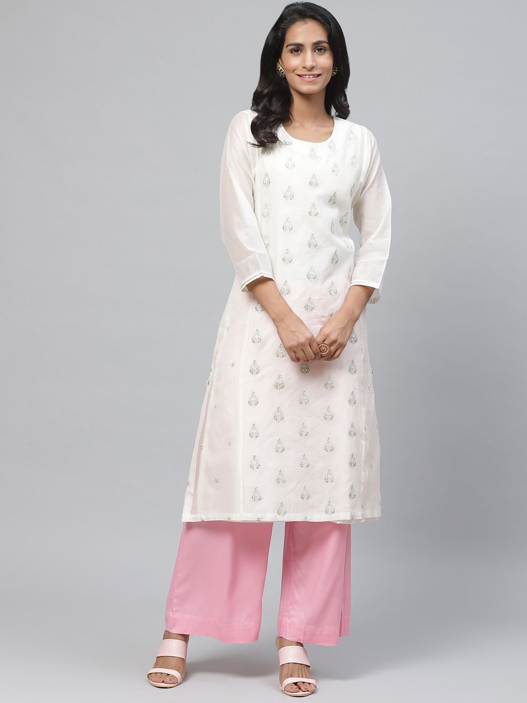 Biba Women Off-White & Silver Woven Design Layered Straight Kurta