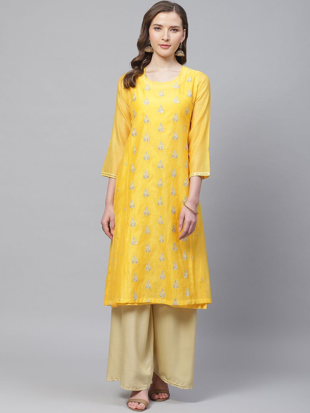 Biba Women Yellow & Silver Woven Design Layered Straight Kurta Price in India