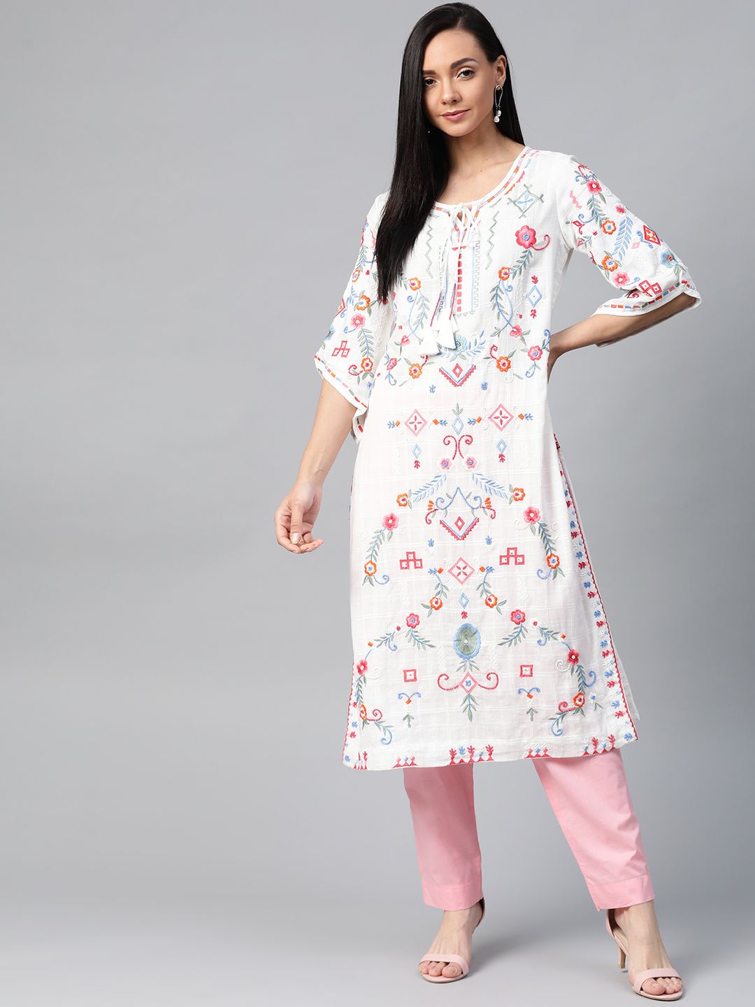 Biba Women Off-White & Pink Pure Cotton Embroidered Straight Kurta