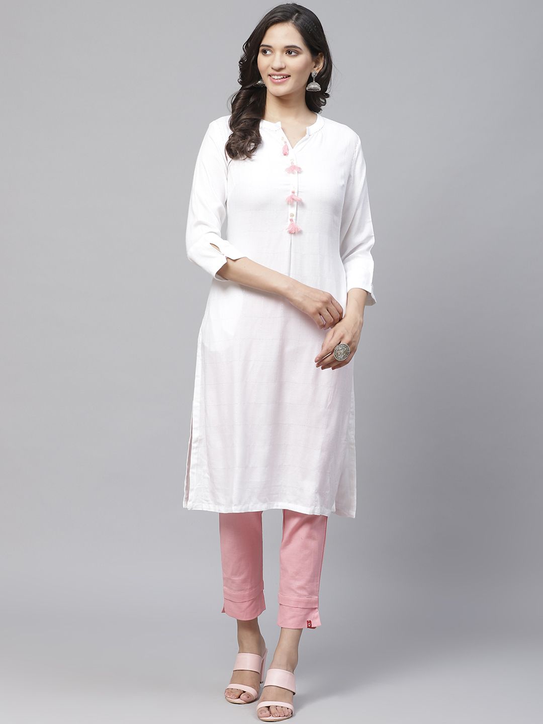 Biba Women White & Silver Self-Checked Straight Kurta