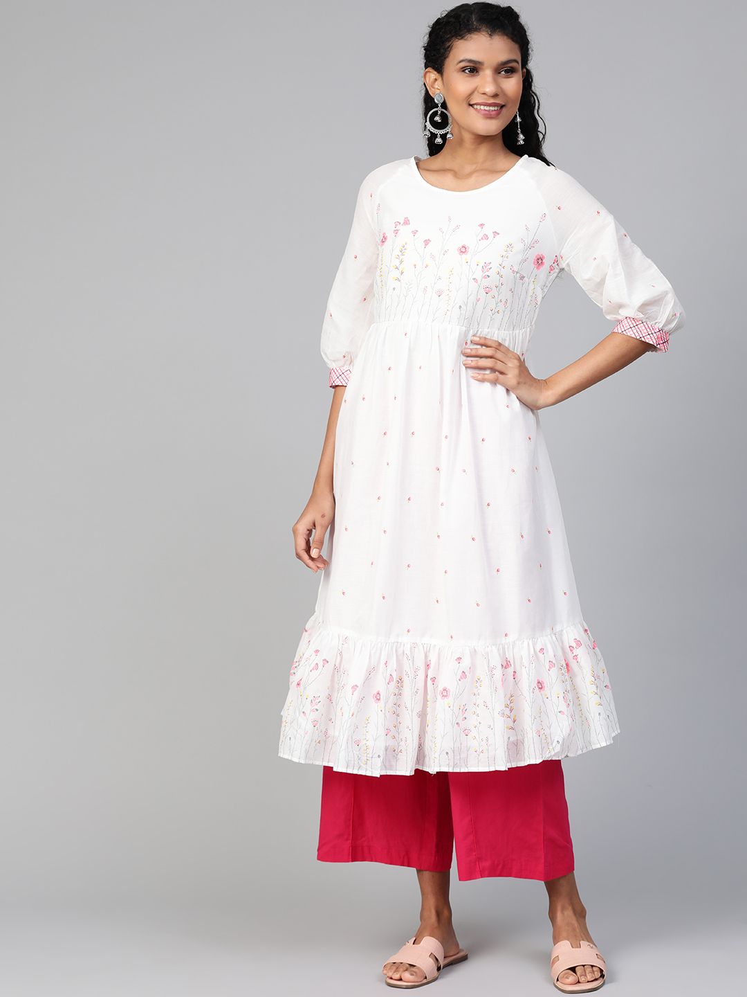 Biba Women White & Pink Printed A-Line Kurta