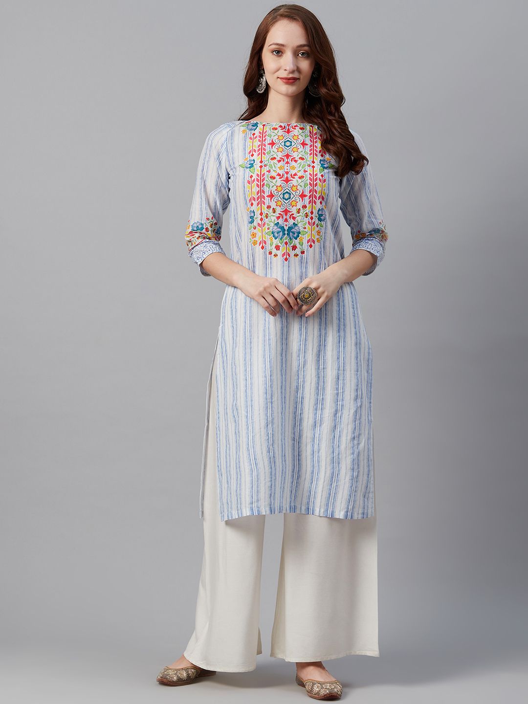 Biba Women Blue & White Striped Cotton Straight Kurta with Ethnic Floral Print Detail