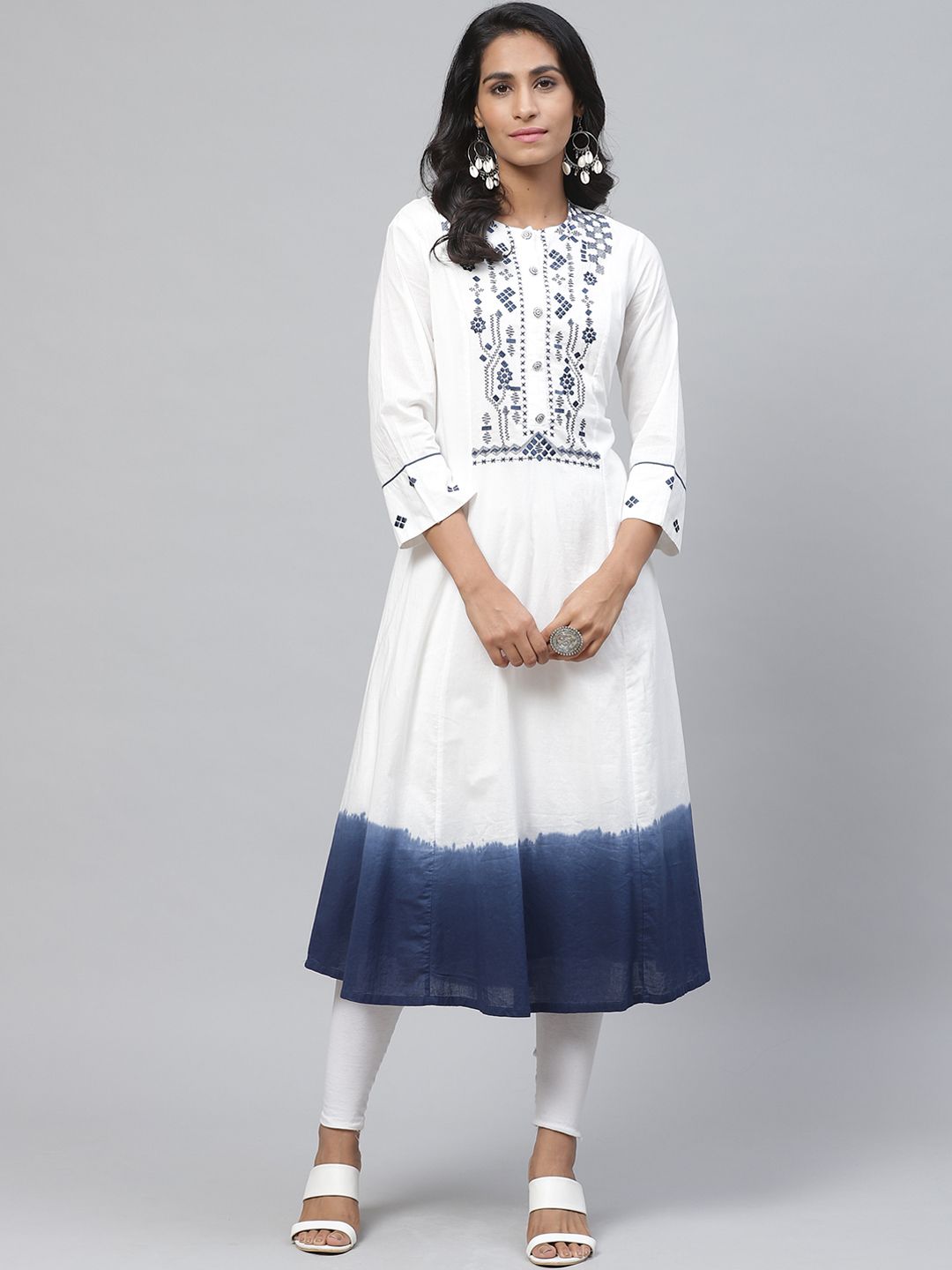 Biba Women White & Navy Blue Yoke Design Dyed A-Line Kurta Price in India