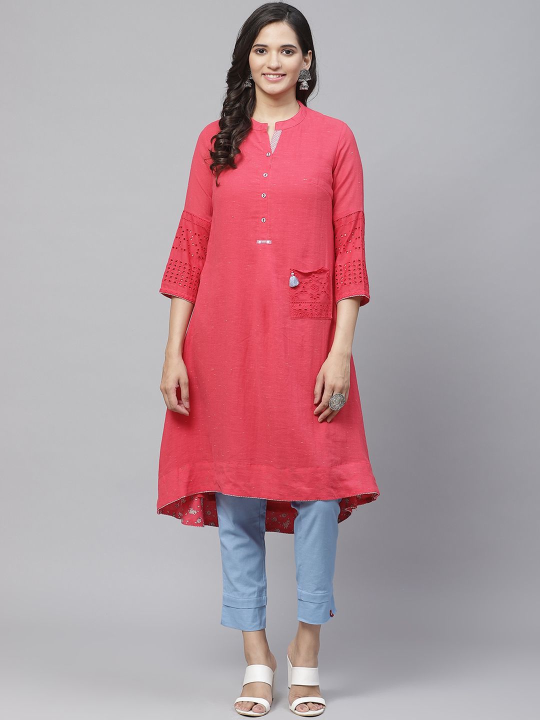 Biba Women Pink Solid A-Line Kurta Price in India