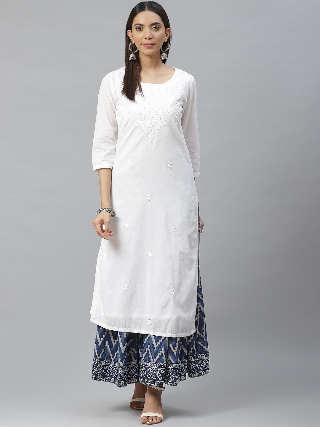 Biba Women White Yoke Design Straight Layered Kurta