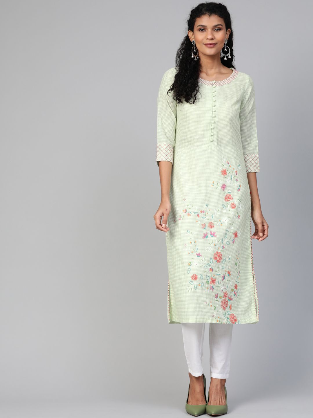 Biba Women Green & White Floral Detail Checked Straight Kurta