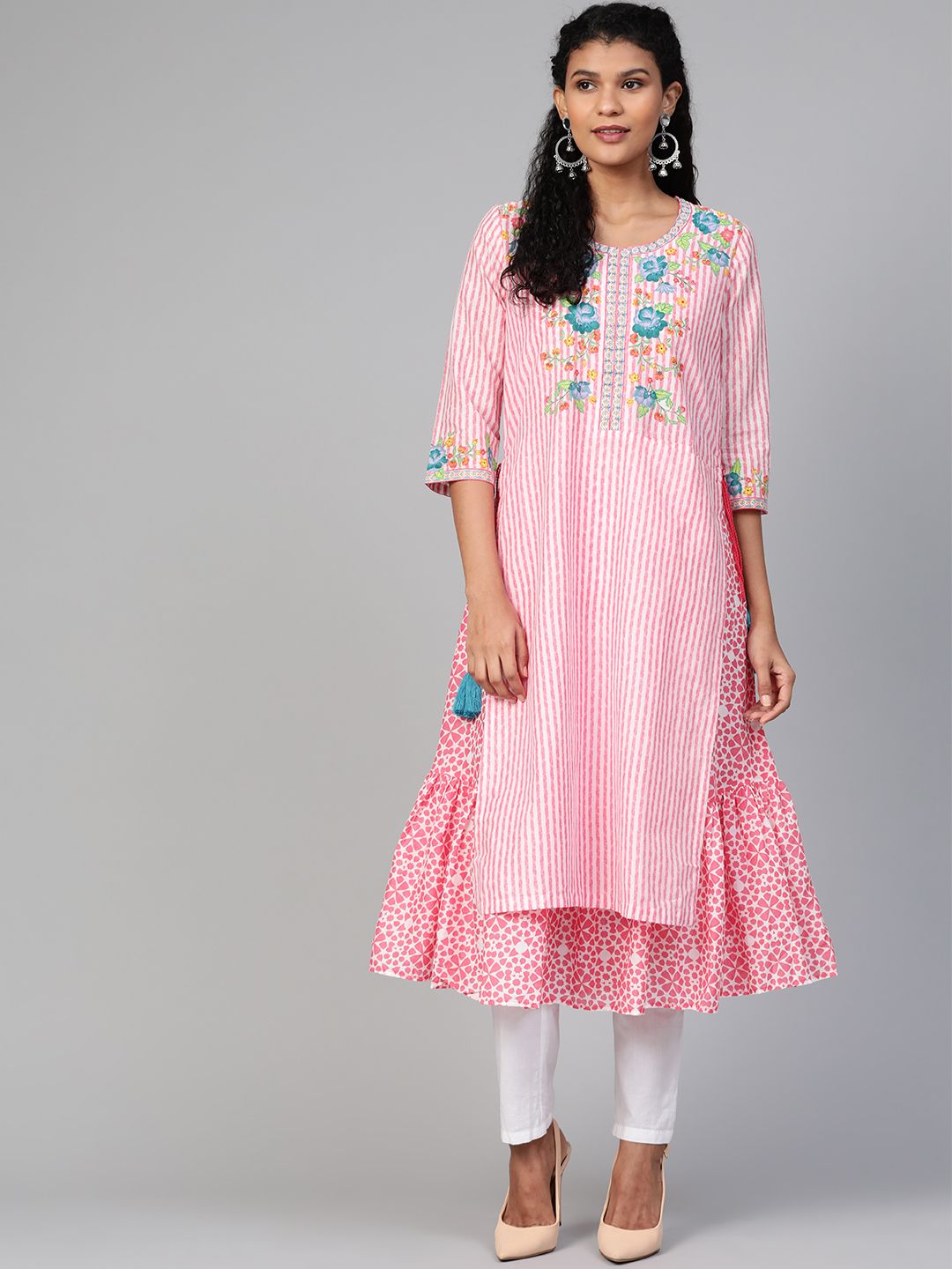 Biba Women Pink & White Striped A-Line Kurta