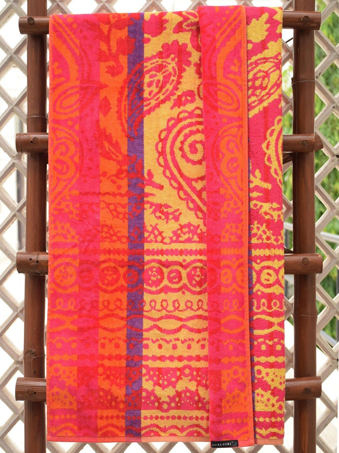 Avira Home Unisex Pink & Yellow Printed Mughal Beach Towel 400 GSM Bath Towel Price in India