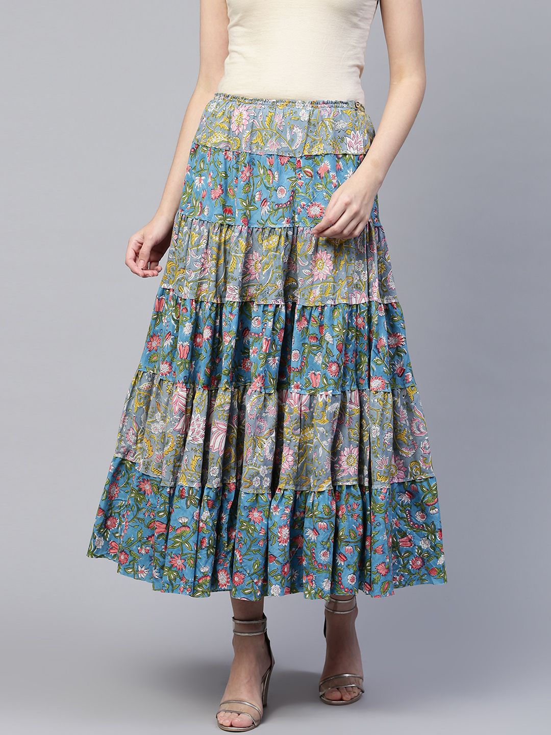 PINKSKY Women Blue & Grey Printed Tiered Maxi Skirt