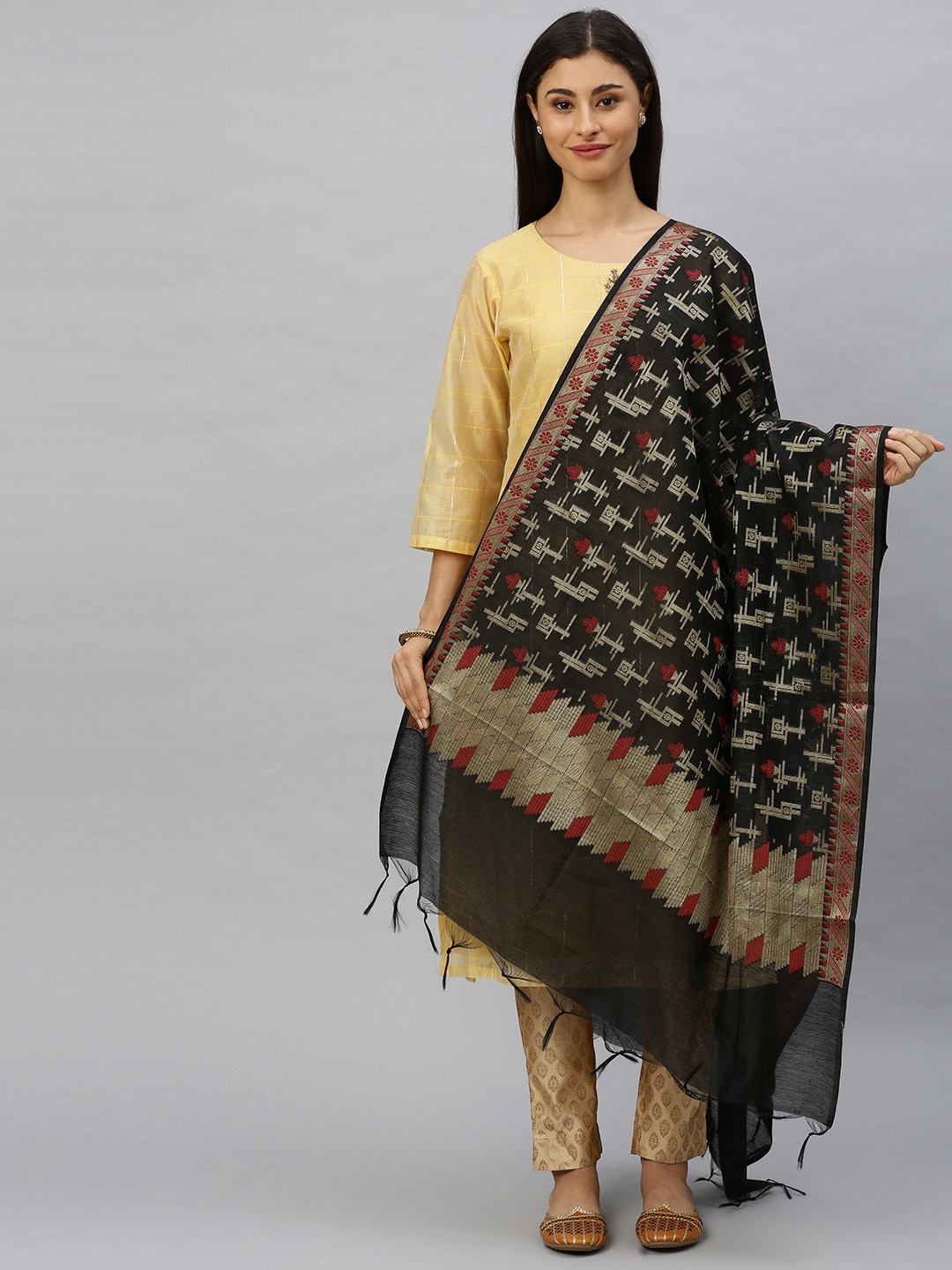 Ishin Black & Gold-Toned Woven Design Dupatta Price in India