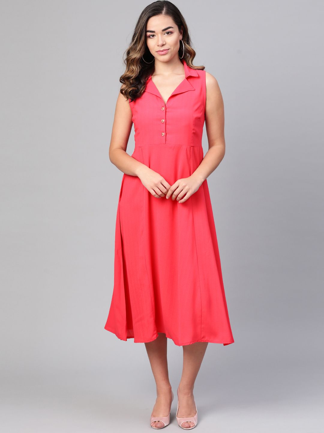 Myshka Women Coral Pink Solid A-Line Dress Price in India