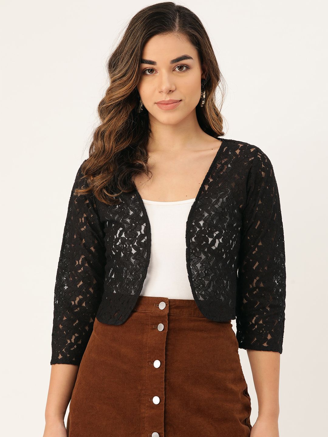 Rute Women Black Lace Open Front Shrug Price in India