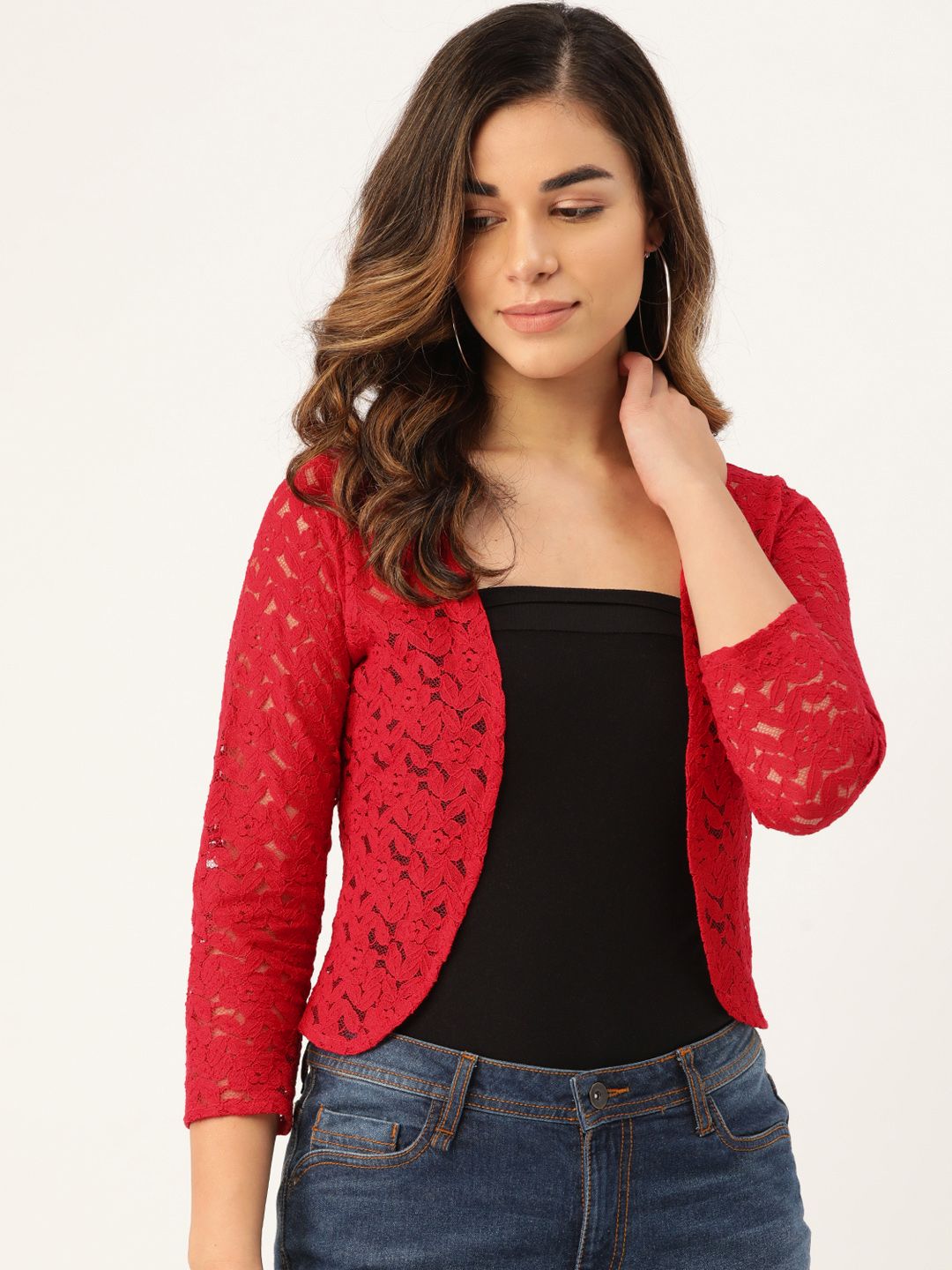 Rute Women Red Self-Design Open Front Crop Lace Shrug Price in India