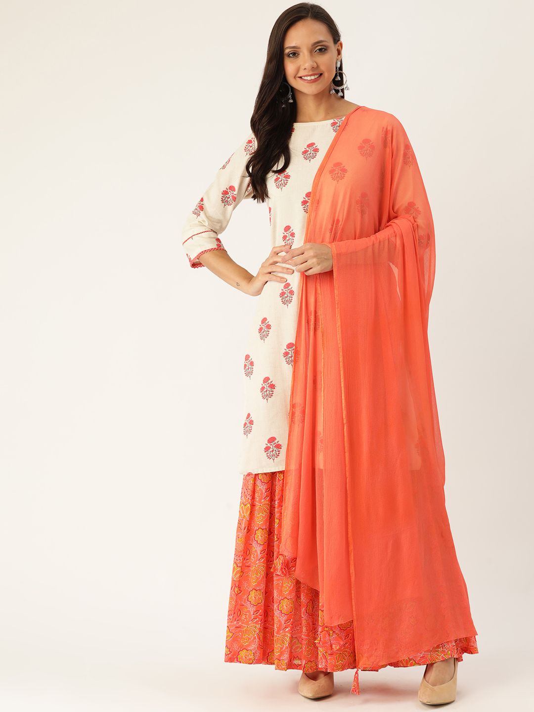 Jaipur Kurti Women Off-White & Peach-Coloured Printed Kurta with Sharara & Dupatta Price in India