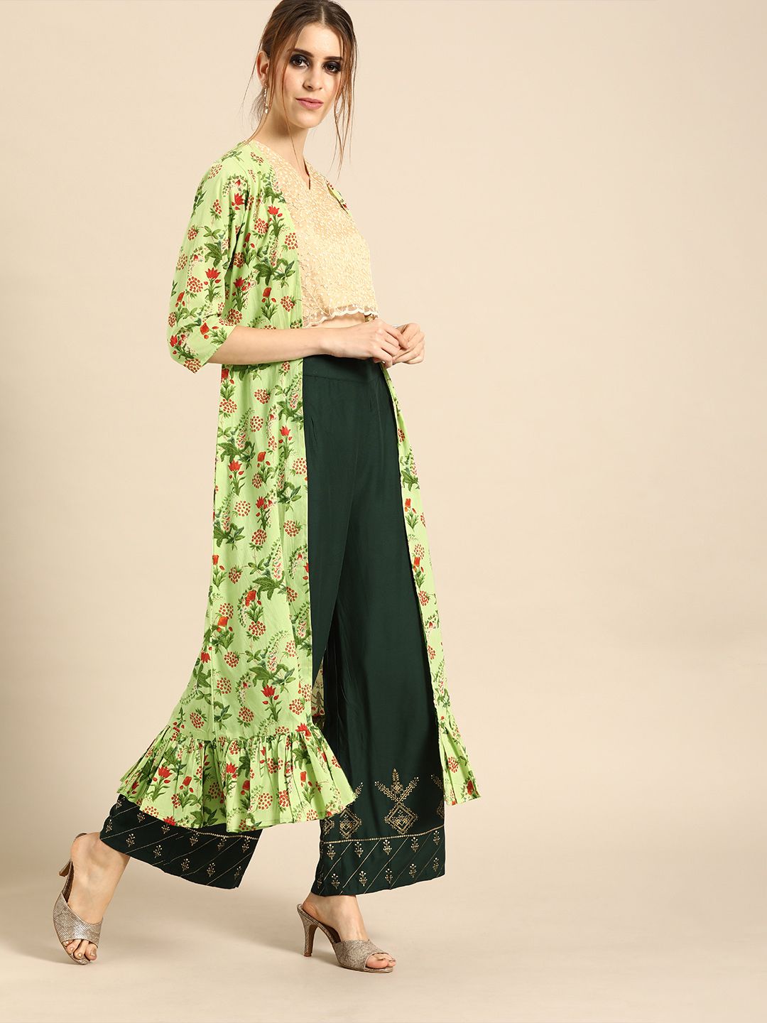 Nayo Women Green & Red Printed Open Front Longline Shrug With Gathers Price in India