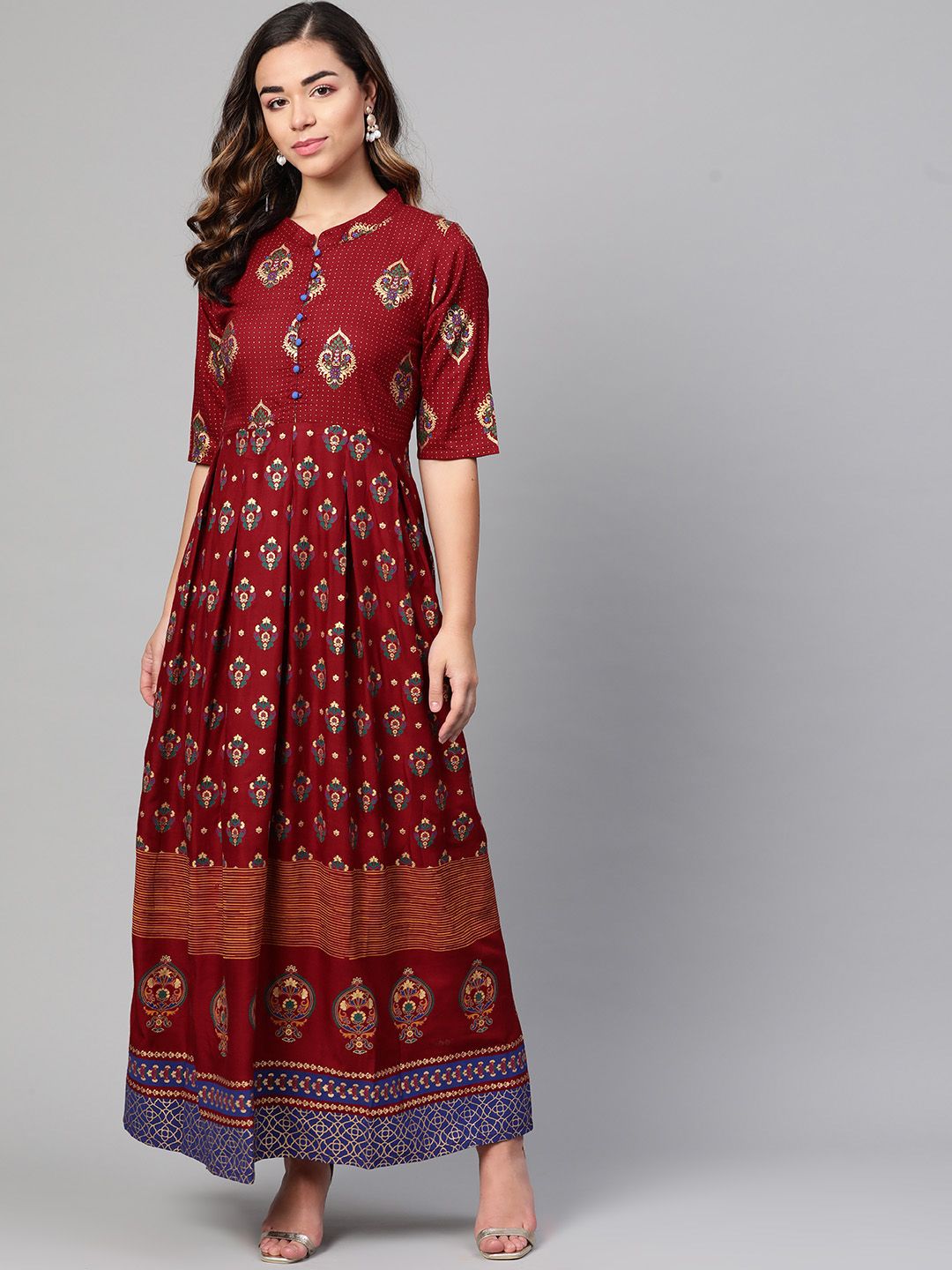 Myshka Women Maroon & Golden Printed Maxi Dress