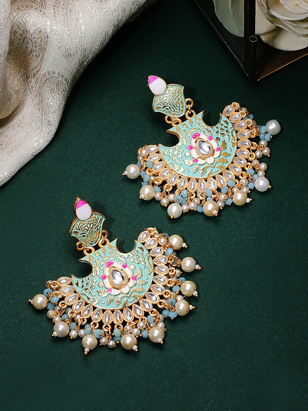 Rubans 22K Gold-Plated & Sea Green Handcrafted Chandbali Price in India