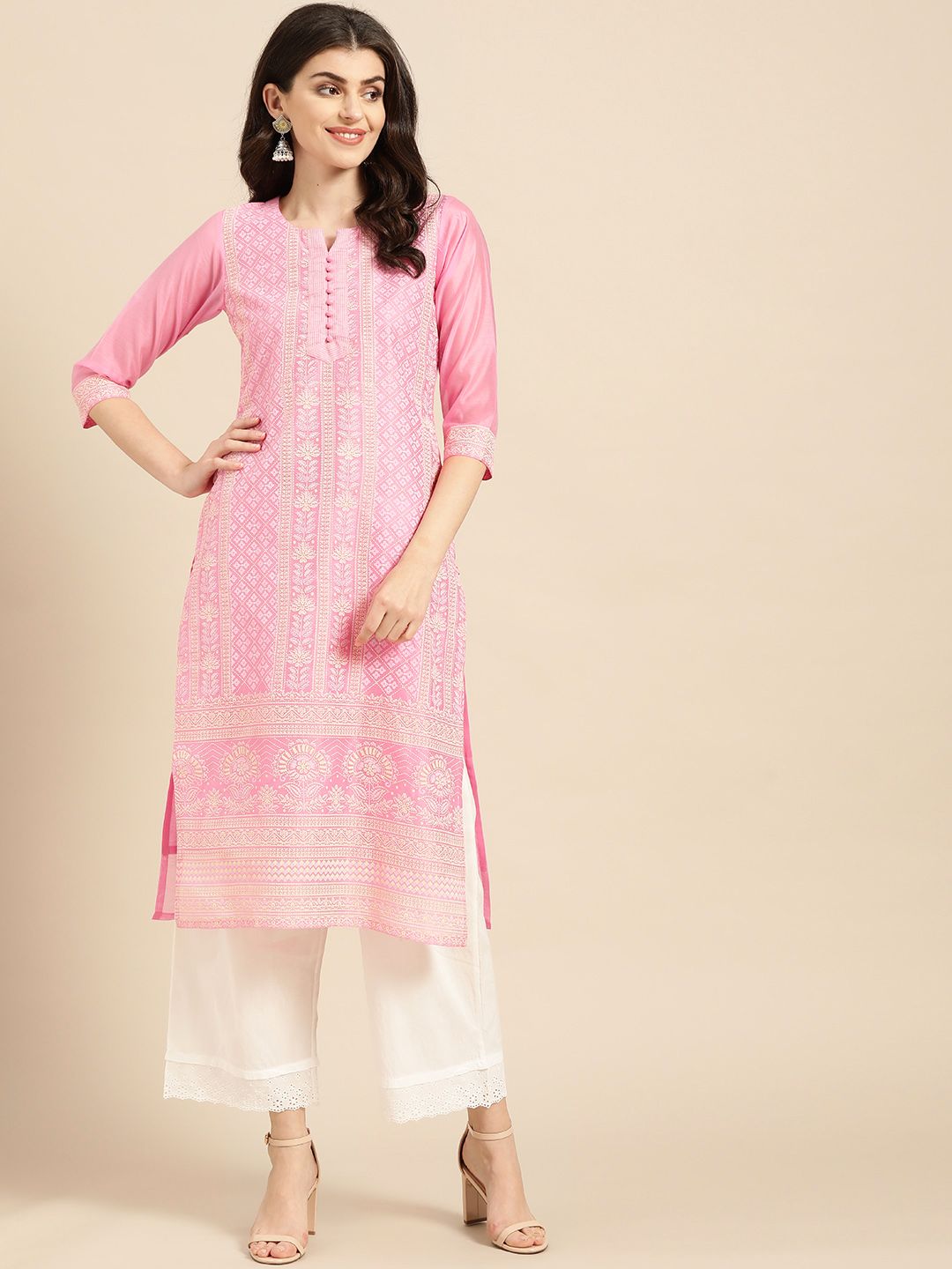 Varanga Women Pink & Off-White Chikankari Printed Straight Kurta Price in India