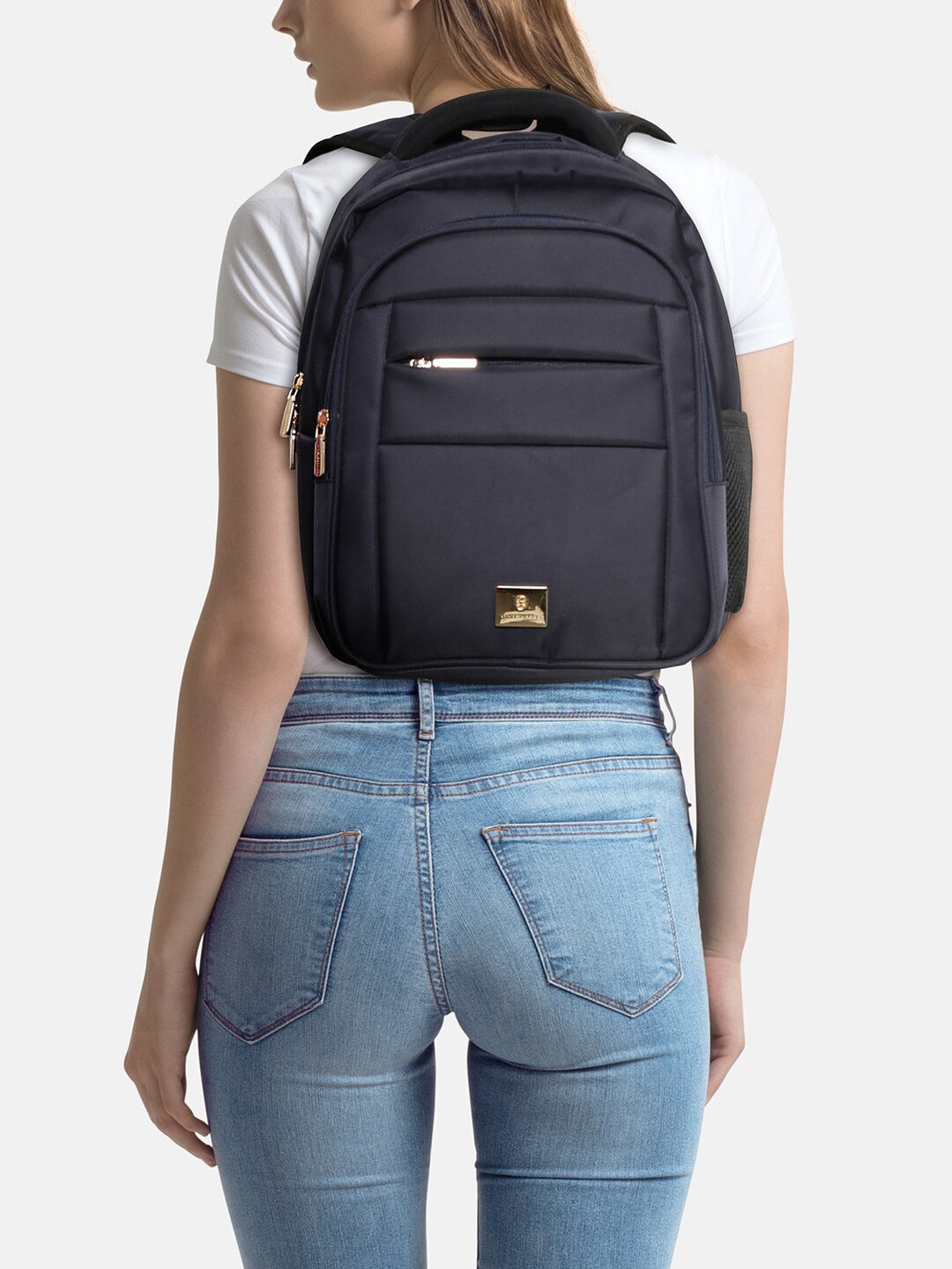 Lino Perros Women Navy Blue Solid Laptop Backpack Price in India