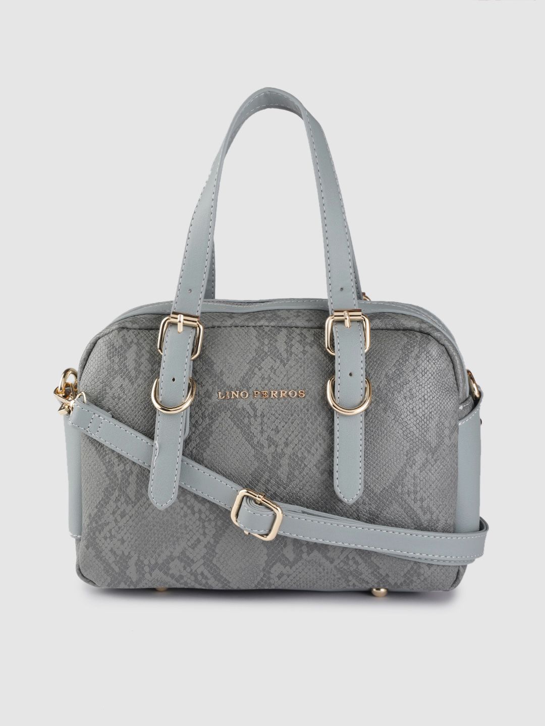 Lino Perros Grey & Blue Snakeskin Textured Handheld Bag with Detachable Sling Strap Price in India