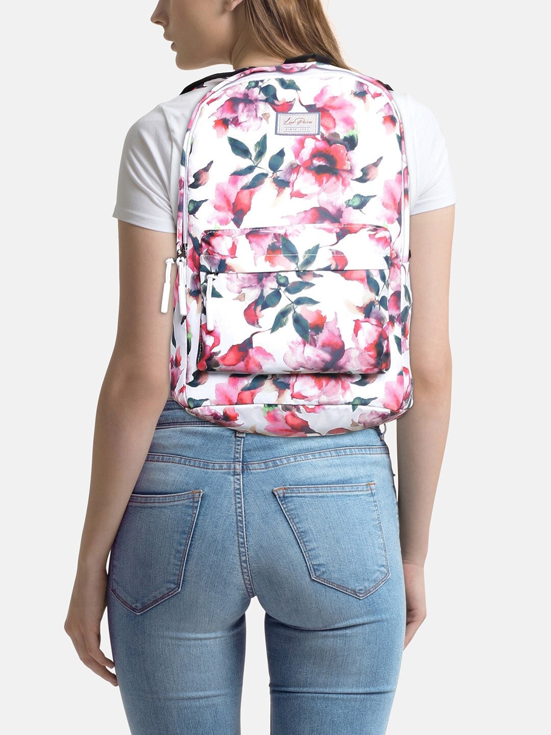 Lino Perros Women White & Pink Floral Print Laptop Backpack Price in India