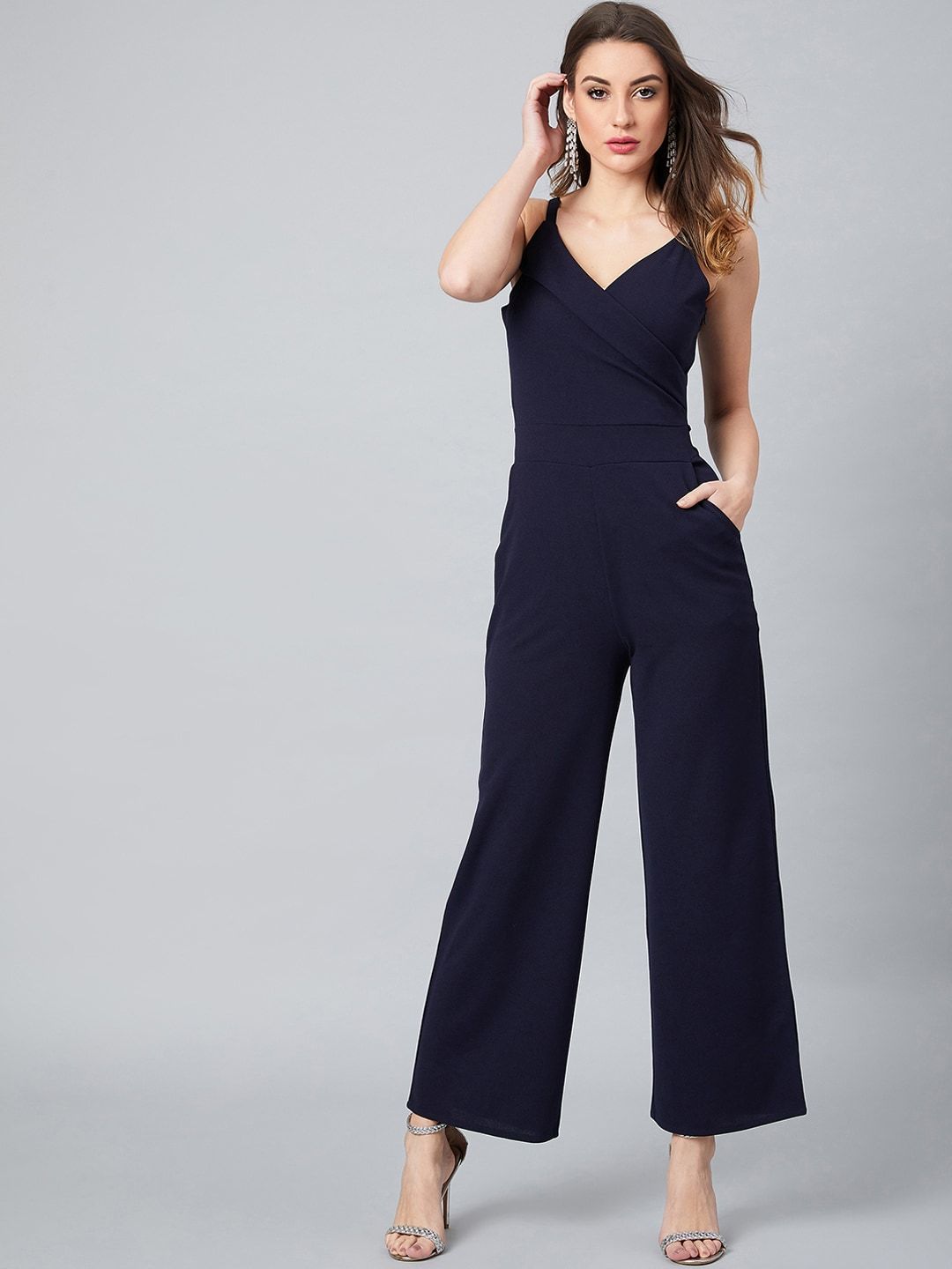 Athena Women Navy Blue Solid Basic Jumpsuit Price in India